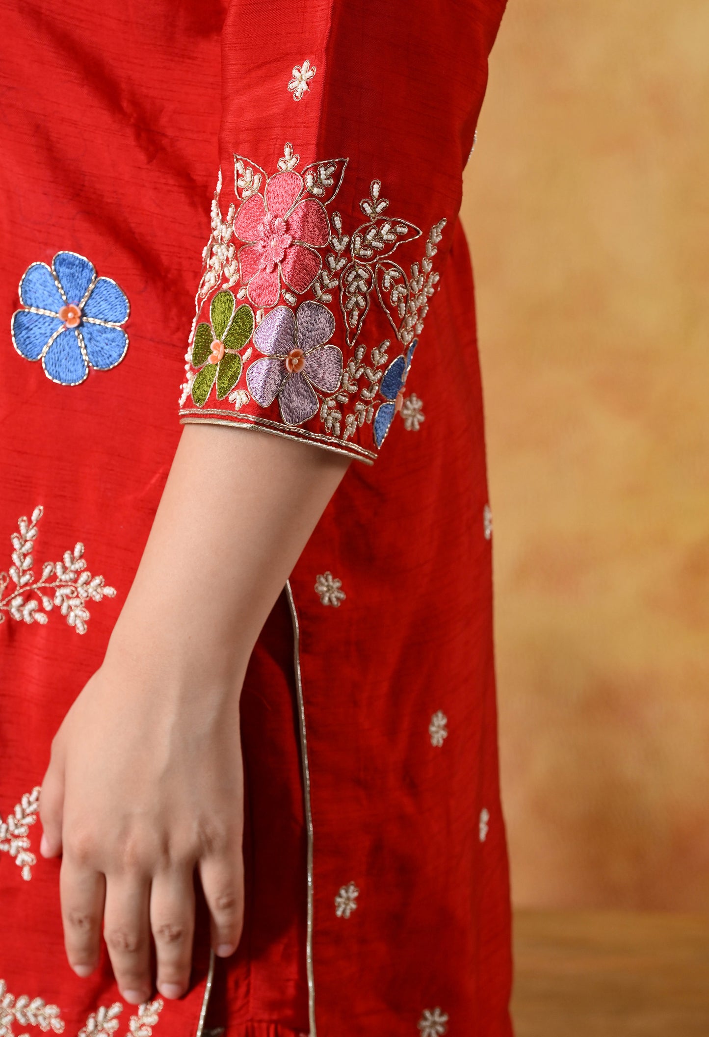 Vibrant Red Silk Gharara Set with Zardozi Embroidery, Thread, and Pearl Work