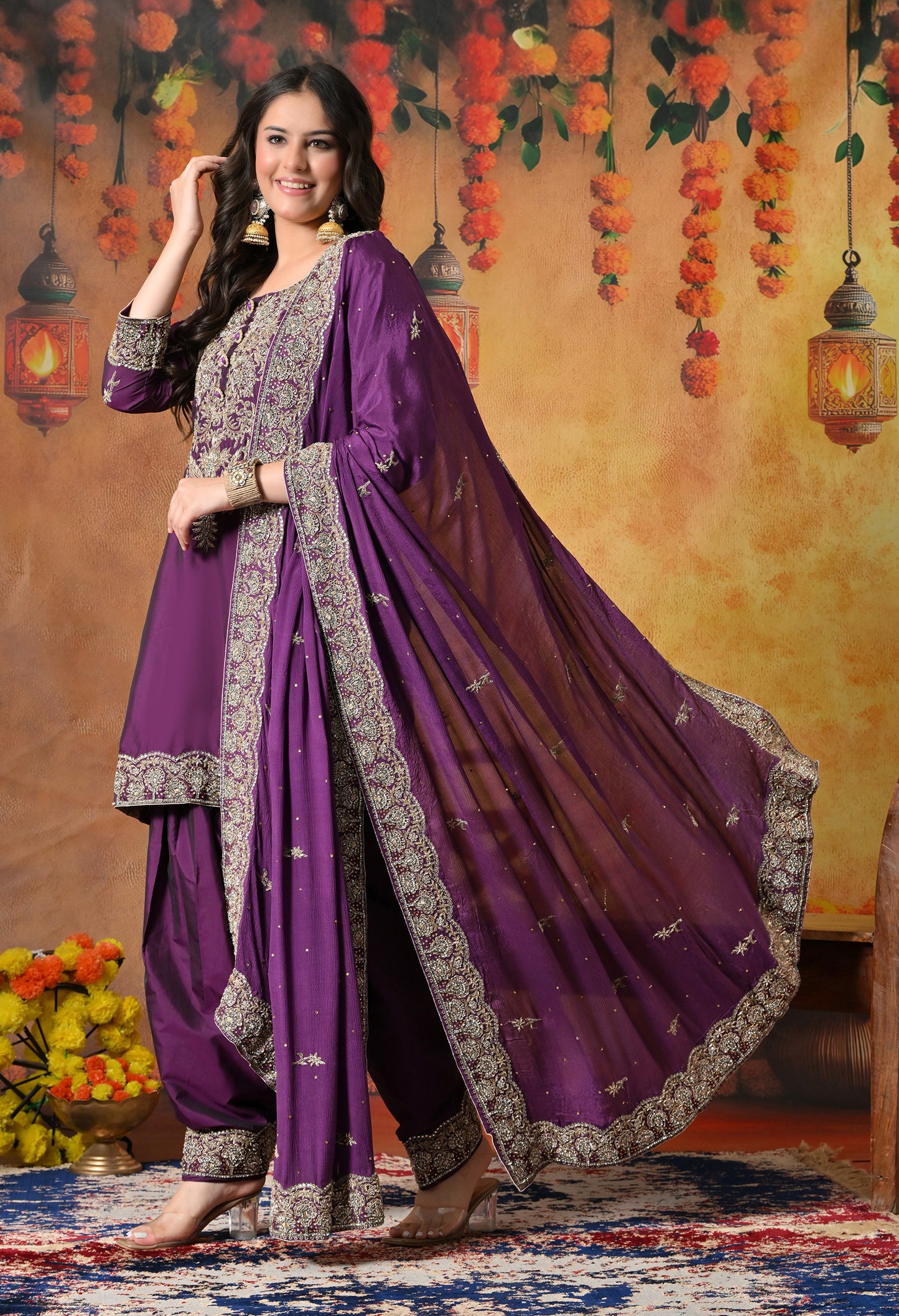 Luxurious Purple Kurta Set with Zardozi and Crystal Cutdana Embroidery