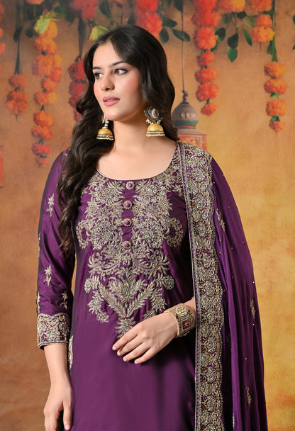 Luxurious Purple Kurta Set with Zardozi and Crystal Cutdana Embroidery