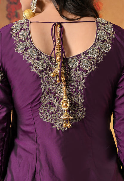 Luxurious Purple Kurta Set with Zardozi and Crystal Cutdana Embroidery