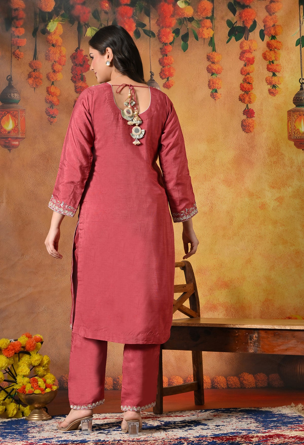 Warm Brown Red Silk Kurta Set with Zardozi Embroidery