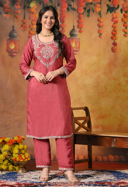 Warm Brown Red Silk Kurta Set with Zardozi Embroidery