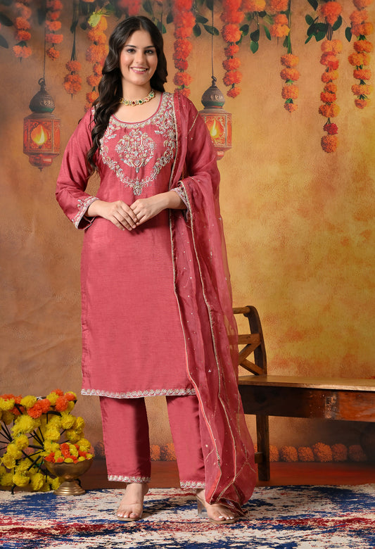 Warm Brown Red Silk Kurta Set with Zardozi Embroidery