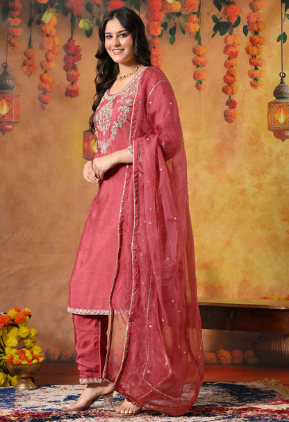Warm Brown Red Silk Kurta Set with Zardozi Embroidery