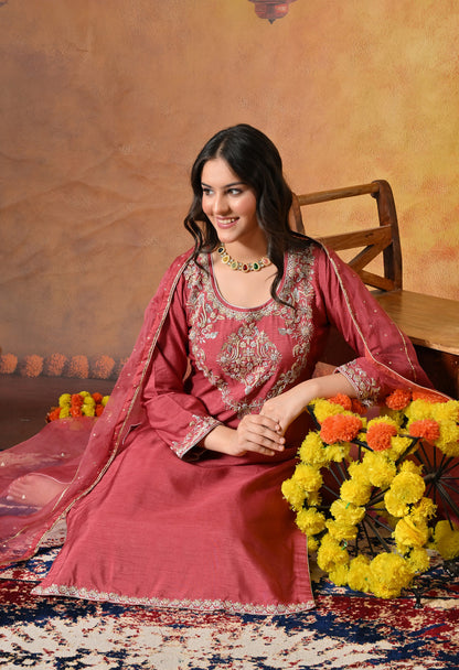 Warm Brown Red Silk Kurta Set with Zardozi Embroidery