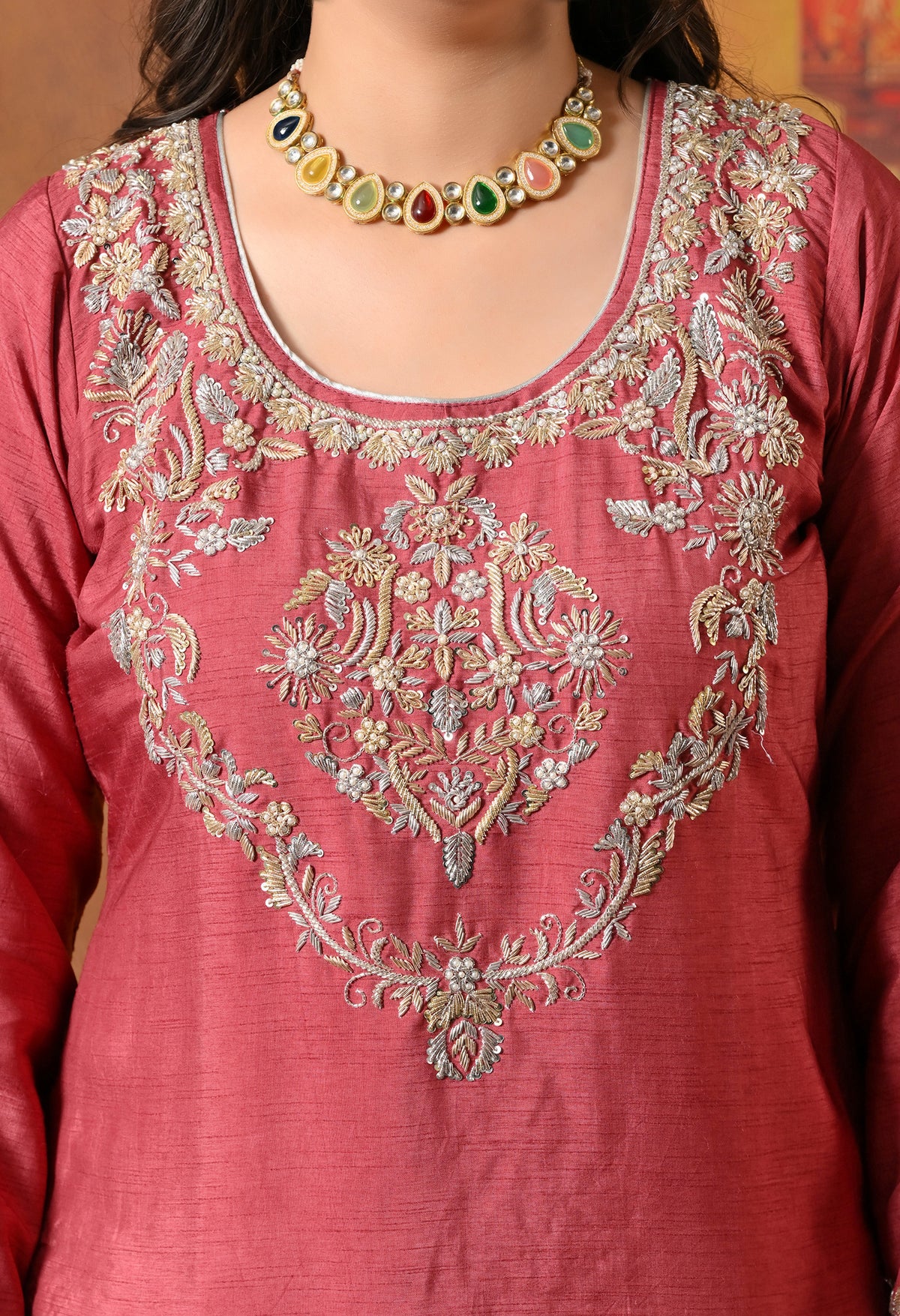 Warm Brown Red Silk Kurta Set with Zardozi Embroidery