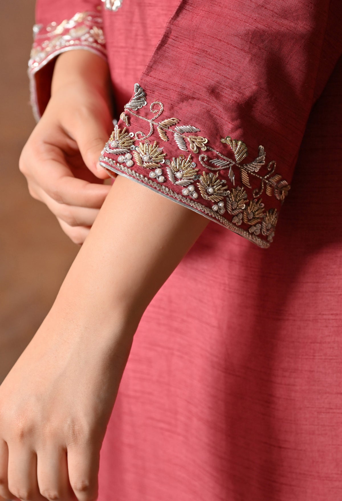 Warm Brown Red Silk Kurta Set with Zardozi Embroidery