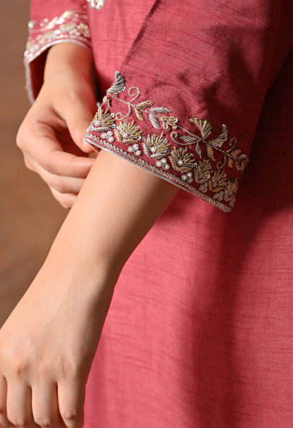 Warm Brown Red Silk Kurta Set with Zardozi Embroidery