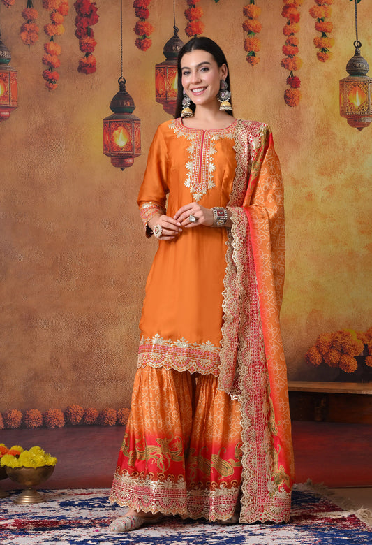 Excellent Orange Gharara Set with Gotta and Zardozi Work