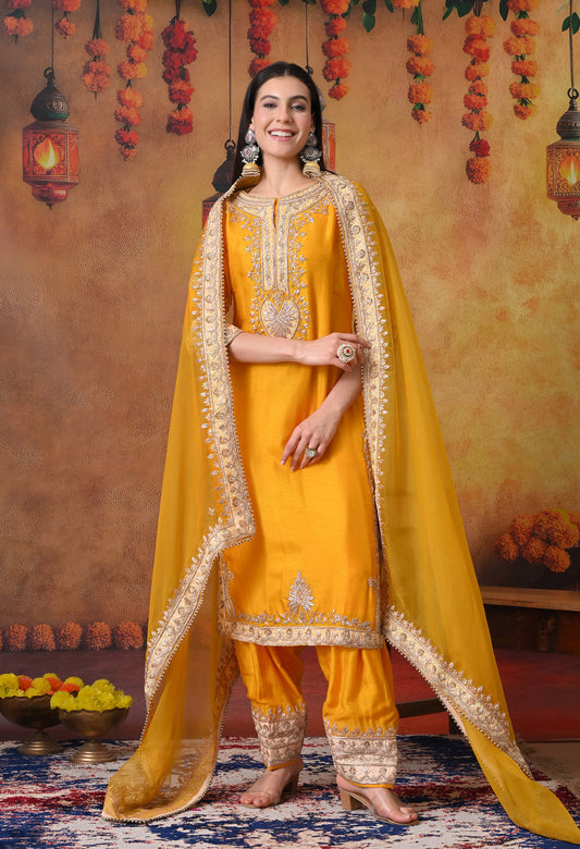 Saffron Yellow Kurta Set with Zardozi, Tilla, and Dabka Work