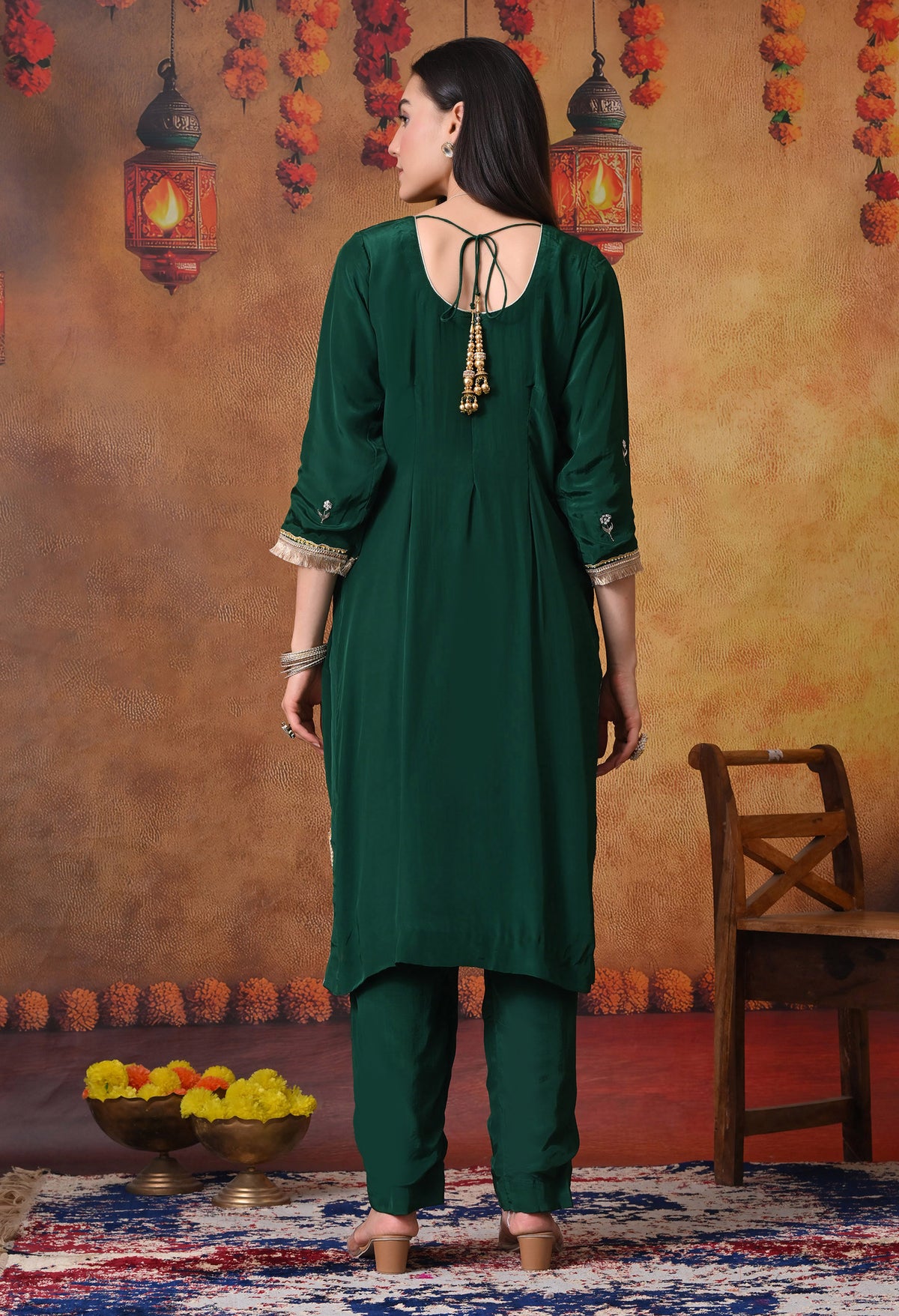 Bottle Green Kurta Set with Zardozi, Applique, and Sequence Work