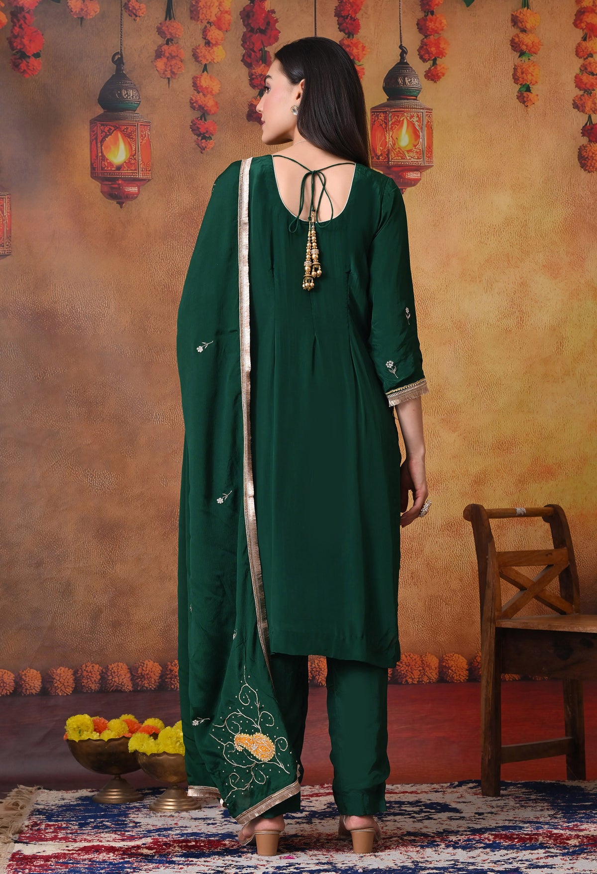 Bottle Green Kurta Set with Zardozi, Applique, and Sequence Work