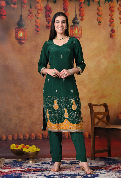 Bottle Green Kurta Set with Zardozi, Applique, and Sequence Work