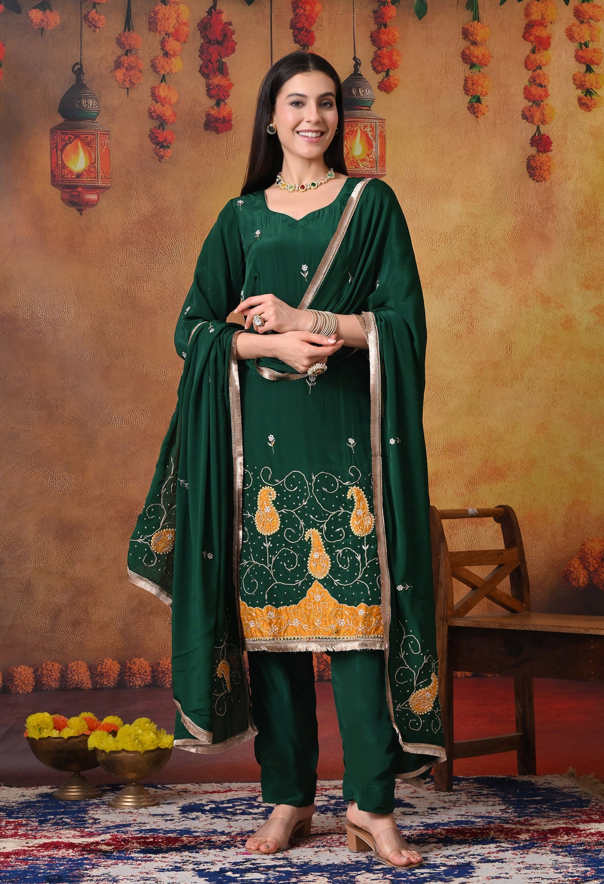 Bottle Green Kurta Set with Zardozi, Applique, and Sequence Work
