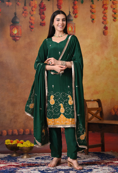 Bottle Green Kurta Set with Zardozi, Applique, and Sequence Work
