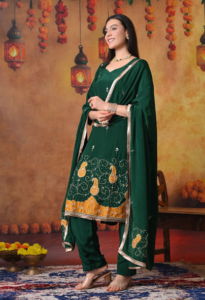 Bottle Green Kurta Set with Zardozi, Applique, and Sequence Work