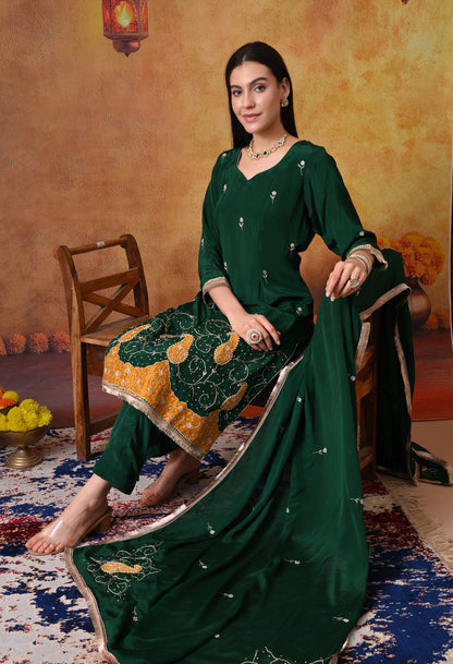 Bottle Green Kurta Set with Zardozi, Applique, and Sequence Work