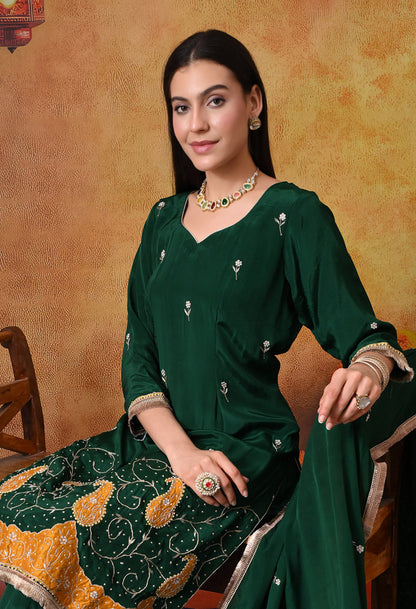Bottle Green Kurta Set with Zardozi, Applique, and Sequence Work