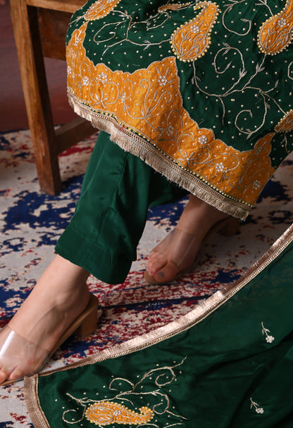 Bottle Green Kurta Set with Zardozi, Applique, and Sequence Work