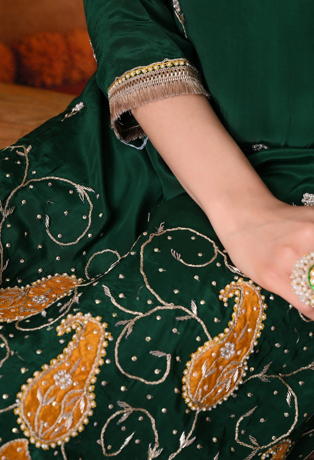 Bottle Green Kurta Set with Zardozi, Applique, and Sequence Work