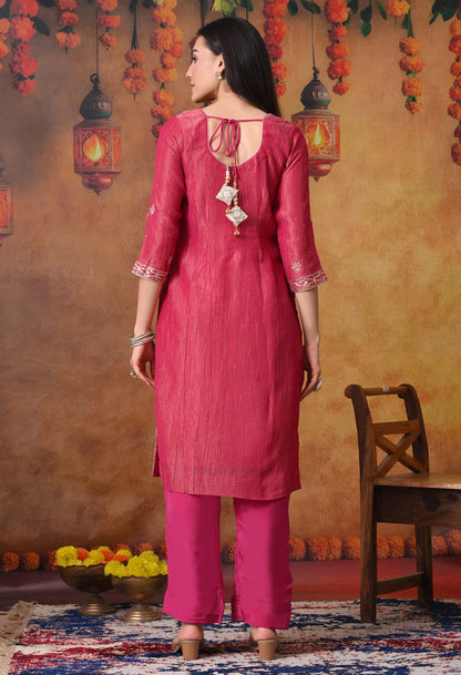 Pink Crushed Tissue Silk & Crepe Zardozi–Thread–Sequence–Pearl Kurta Set