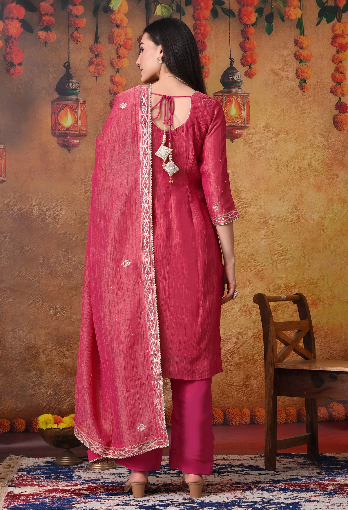 Pink Crushed Tissue Silk & Crepe Zardozi–Thread–Sequence–Pearl Kurta Set