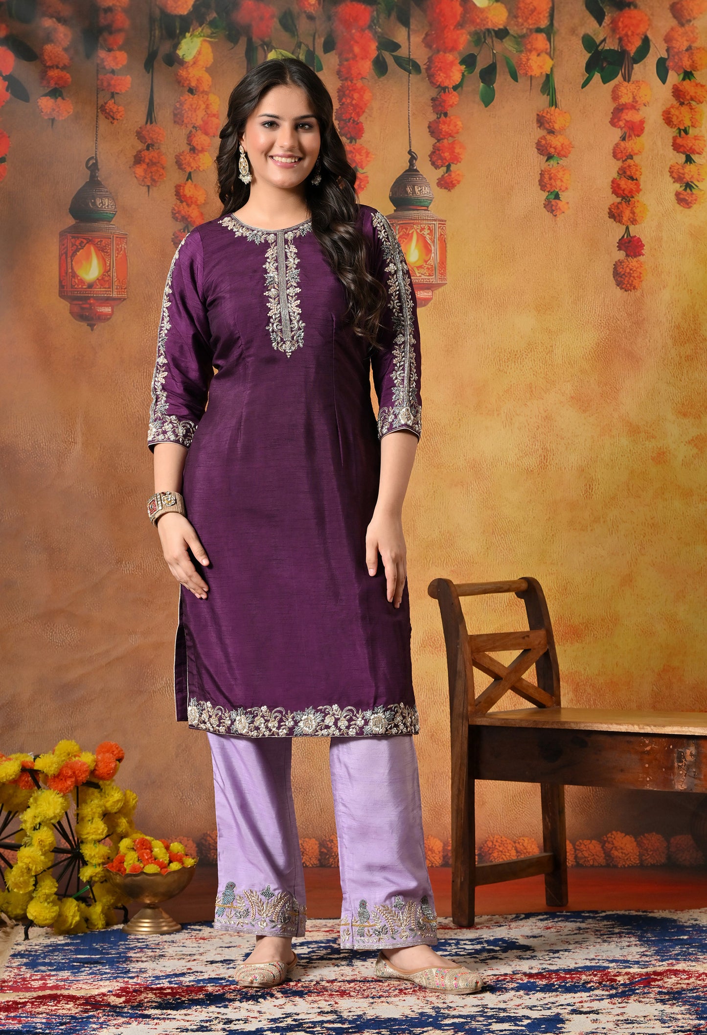 Elegant Purple Kurta Set with Intricate Zardozi Embroidery