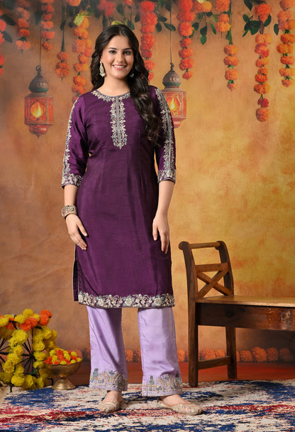 Elegant Purple Kurta Set with Intricate Zardozi Embroidery