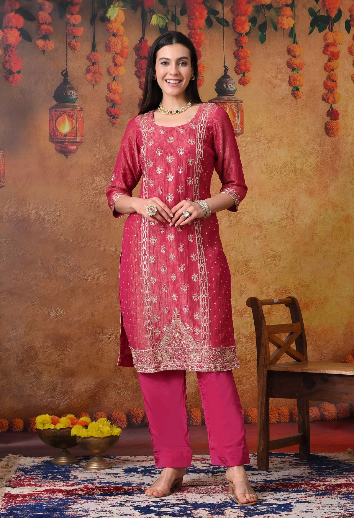 Pink Crushed Tissue Silk & Crepe Zardozi–Thread–Sequence–Pearl Kurta Set