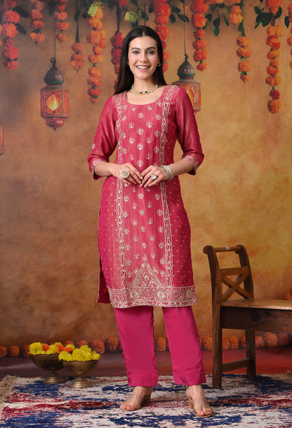 Pink Crushed Tissue Silk & Crepe Zardozi–Thread–Sequence–Pearl Kurta Set