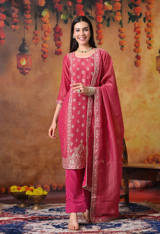 Pink Crushed Tissue Silk & Crepe Zardozi–Thread–Sequence–Pearl Kurta Set