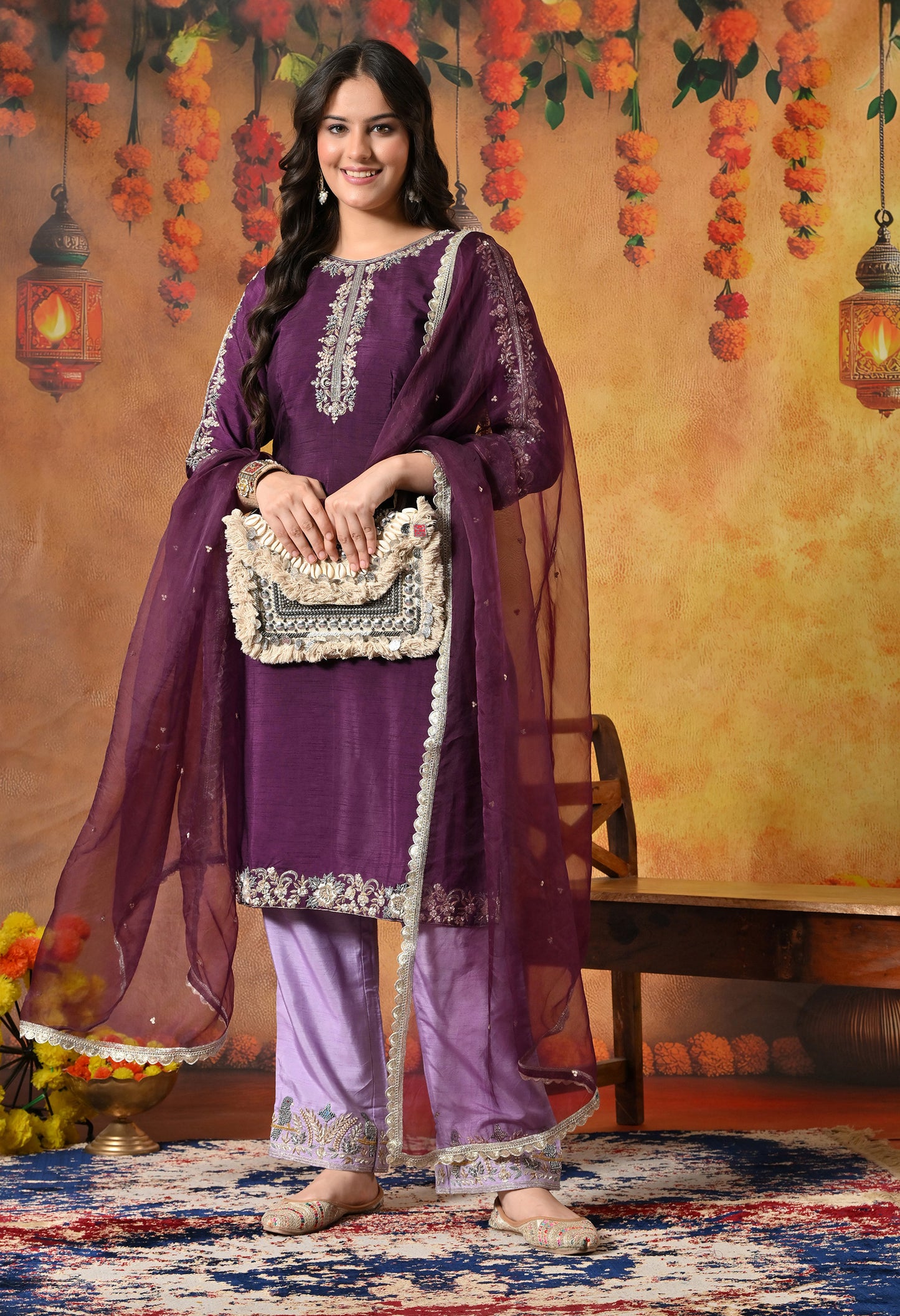Elegant Purple Kurta Set with Intricate Zardozi Embroidery