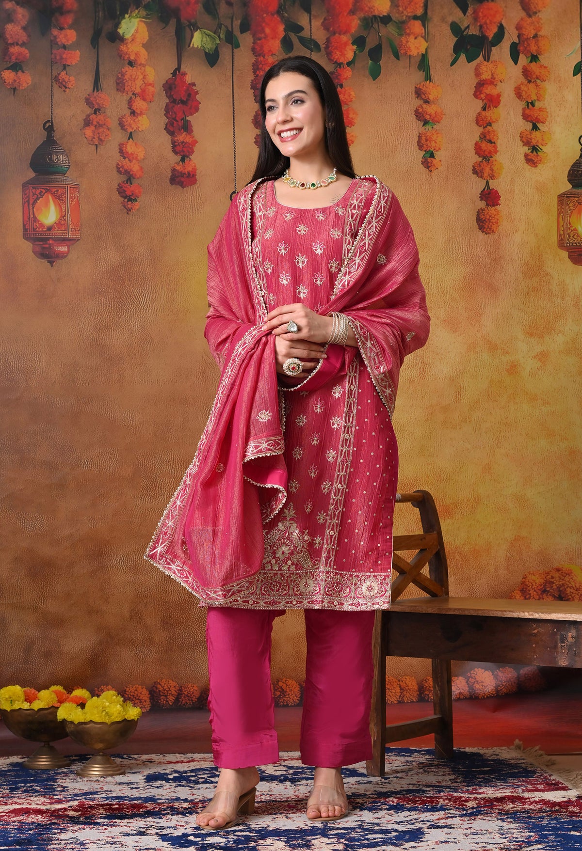 Pink Crushed Tissue Silk & Crepe Zardozi–Thread–Sequence–Pearl Kurta Set