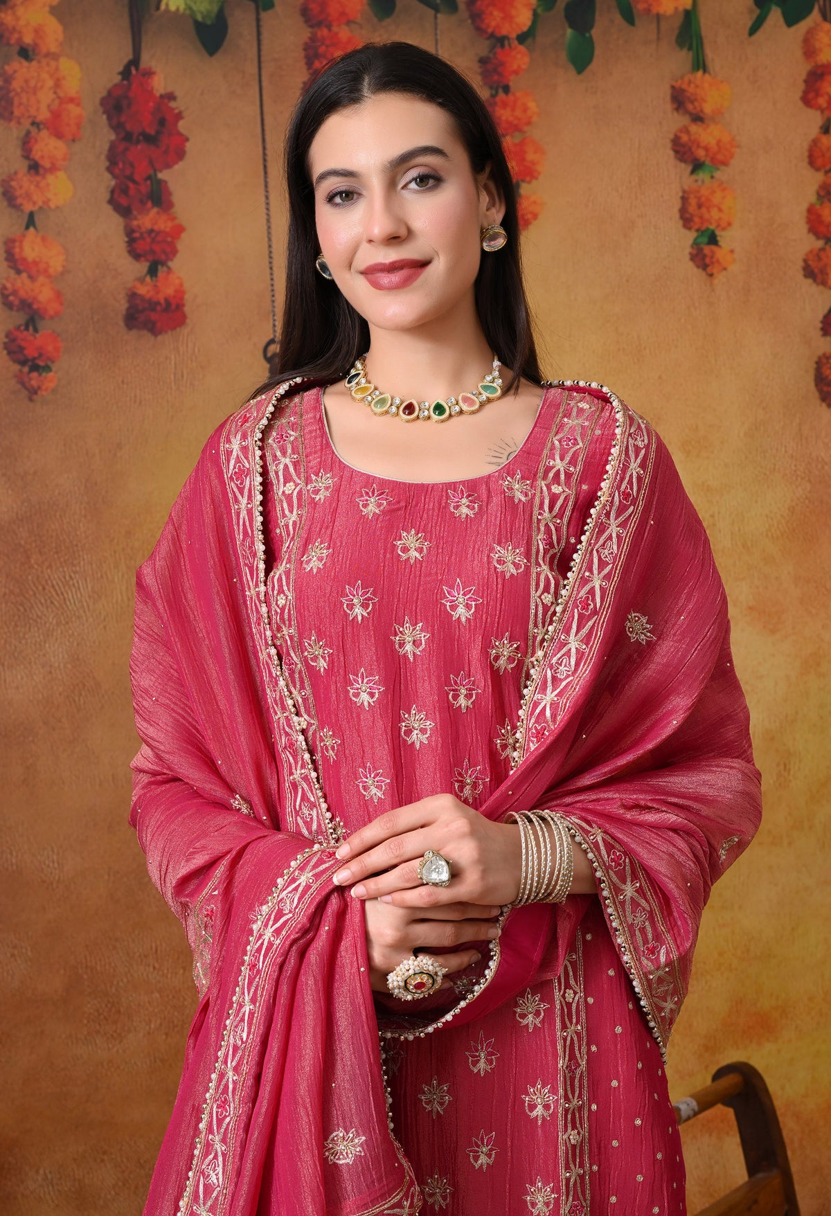 Pink Crushed Tissue Silk & Crepe Zardozi–Thread–Sequence–Pearl Kurta Set