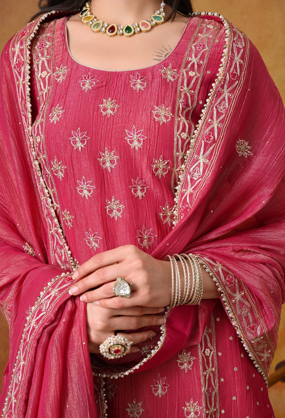 Pink Crushed Tissue Silk & Crepe Zardozi–Thread–Sequence–Pearl Kurta Set