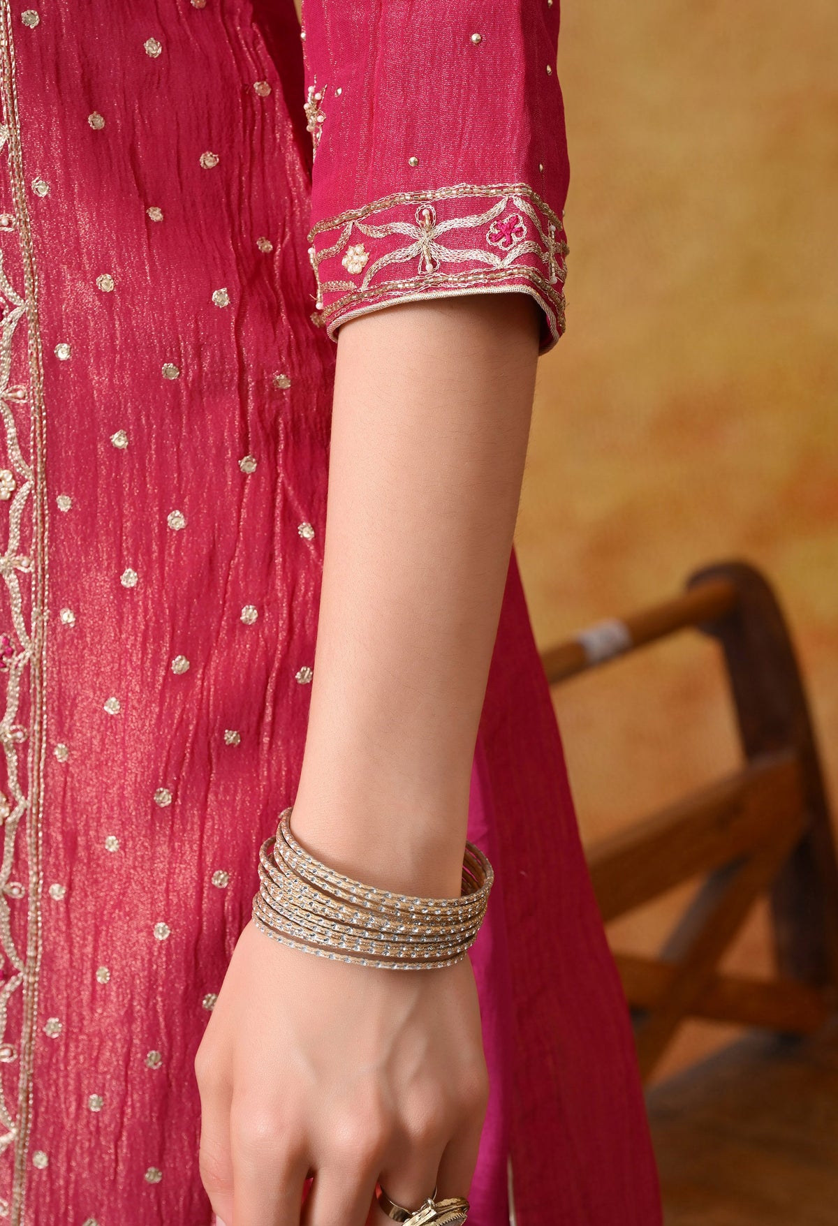 Pink Crushed Tissue Silk & Crepe Zardozi–Thread–Sequence–Pearl Kurta Set