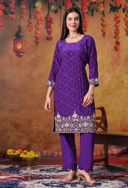 Elegant Purple Kurta Set with Luxurious Zardozi Embroidery