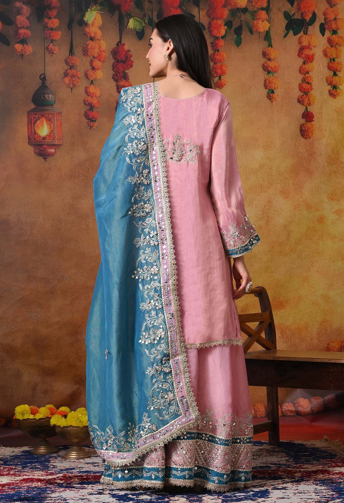 Carrot Pink Sharara Set with Mirror & Gotta Work