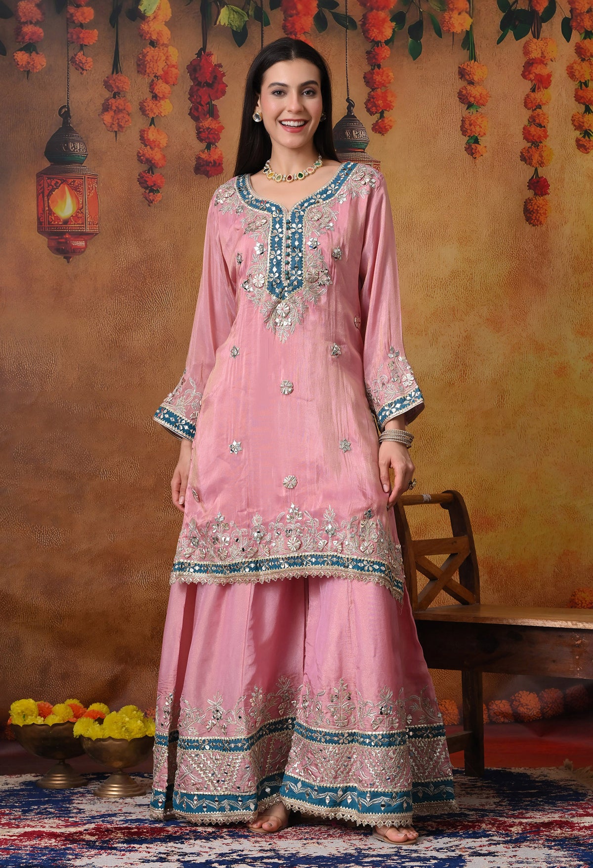 Carrot Pink Sharara Set with Mirror & Gotta Work