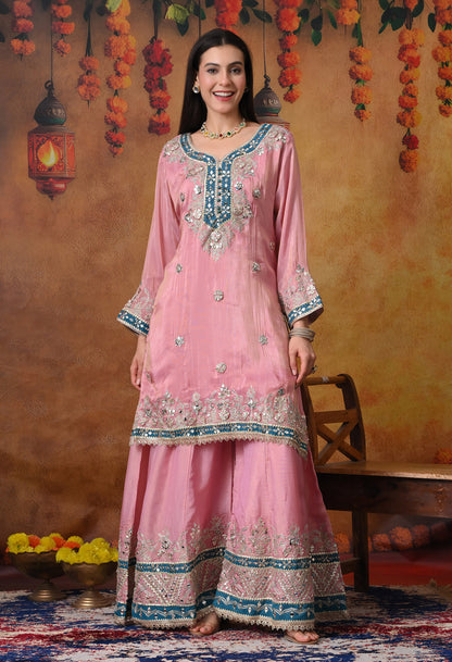 Carrot Pink Sharara Set with Mirror & Gotta Work