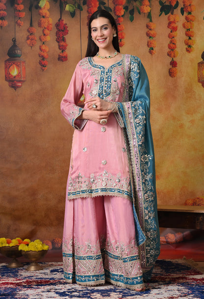 Carrot Pink Sharara Set with Mirror & Gotta Work