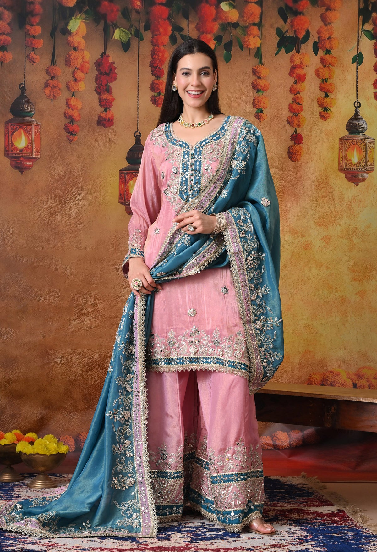 Carrot Pink Sharara Set with Mirror & Gotta Work