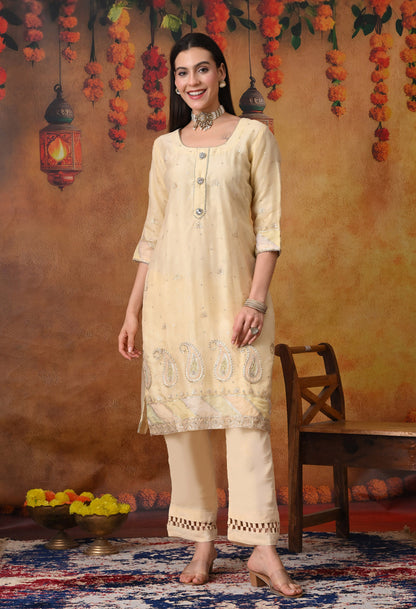 Elegant Light Yellow Kurta Set with Zardozi Embroidery