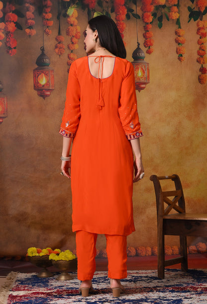 Orange Kurta Set with Zardozi, Sequence and Thread Work