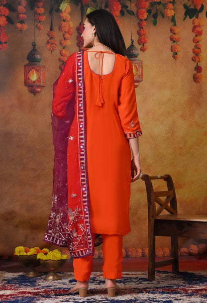 Orange Kurta Set with Zardozi, Sequence and Thread Work