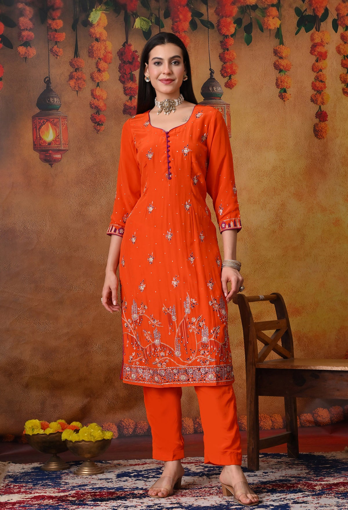 Orange Kurta Set with Zardozi, Sequence and Thread Work