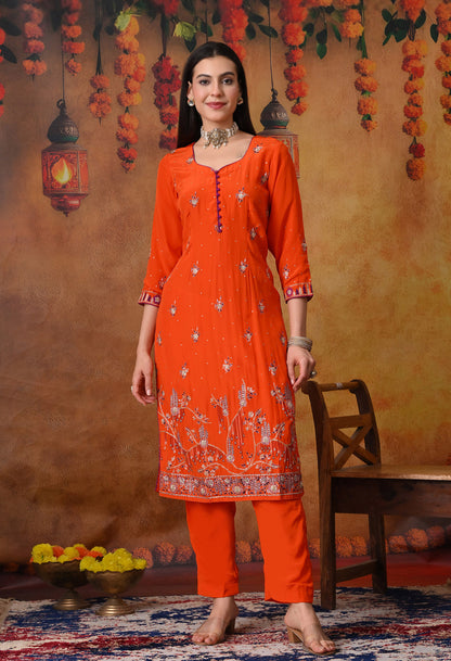 Orange Kurta Set with Zardozi, Sequence and Thread Work