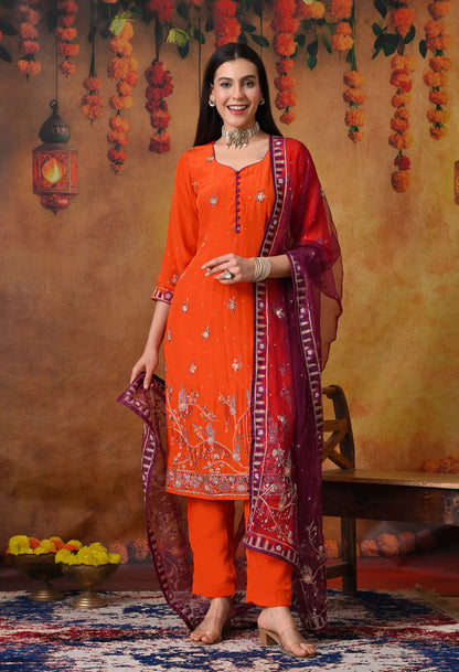 Orange Kurta Set with Zardozi, Sequence and Thread Work