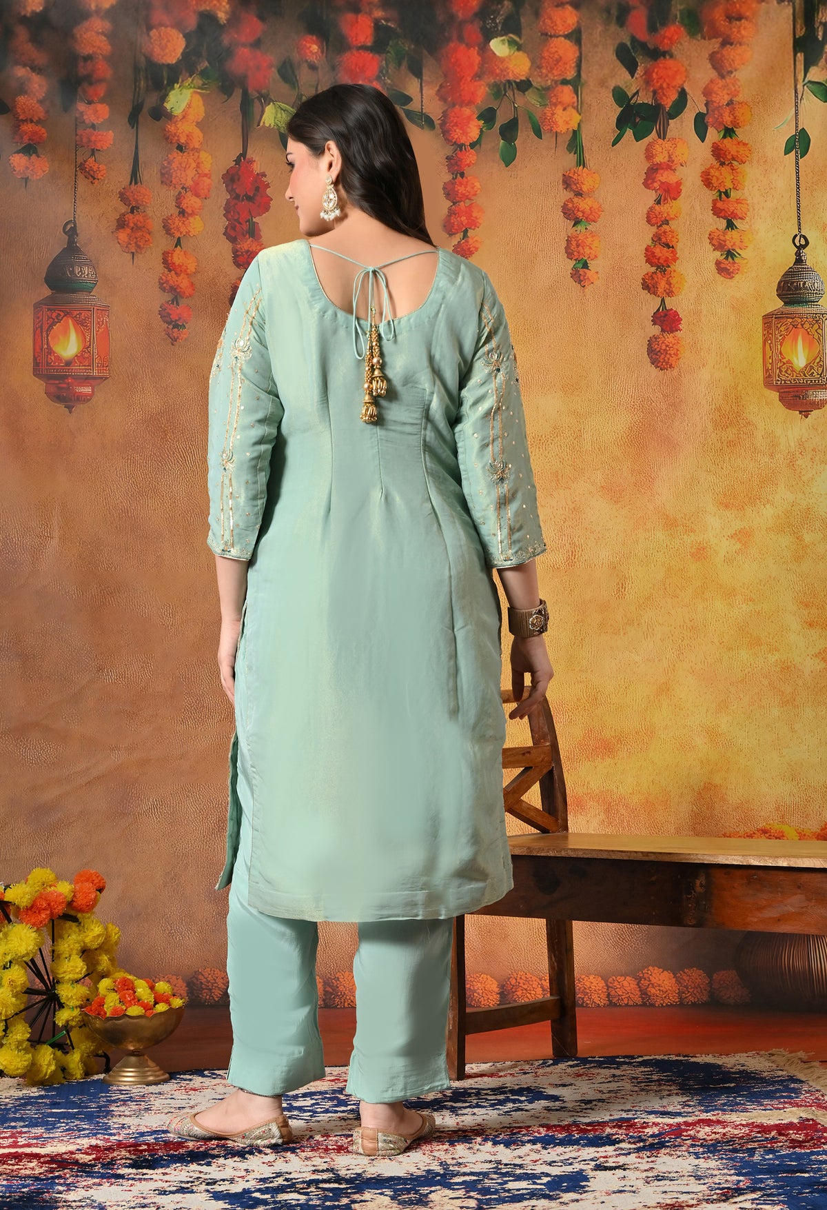 Light Blue-Green Zardozi Sequin Dabka Kurta Ensemble