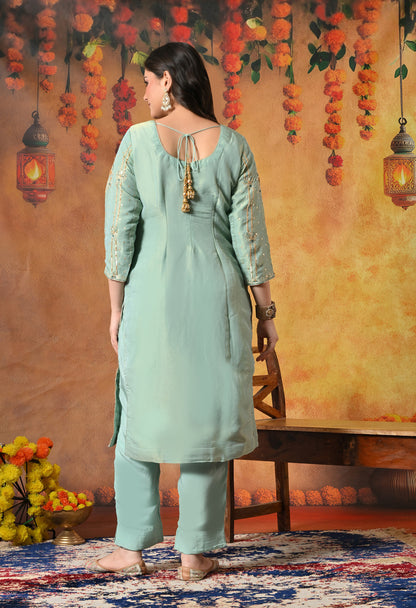Light Blue-Green Zardozi Sequin Dabka Kurta Ensemble